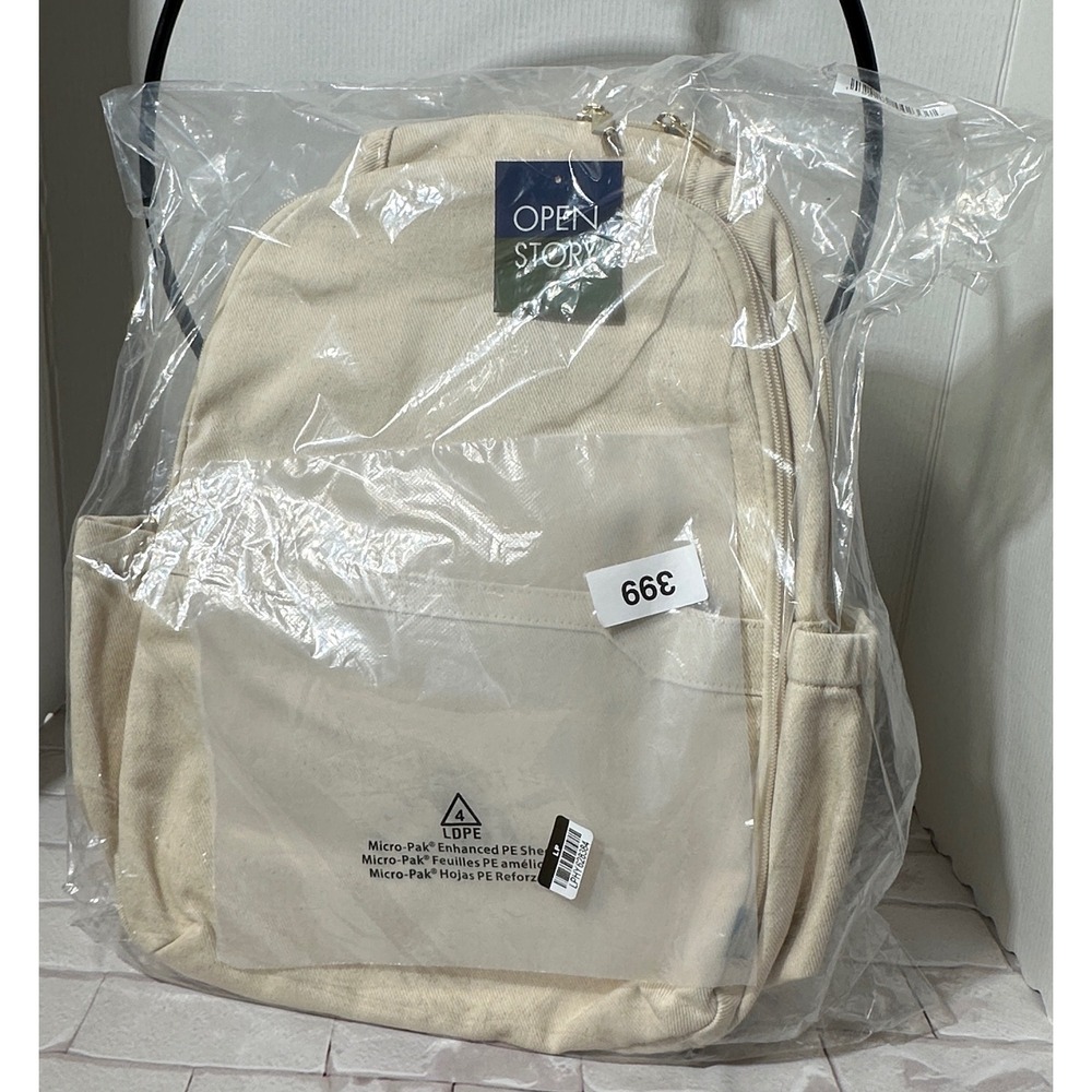 Open Story‎ Canvas Backpack Beige Clear Front Pocket Adjustable Straps New